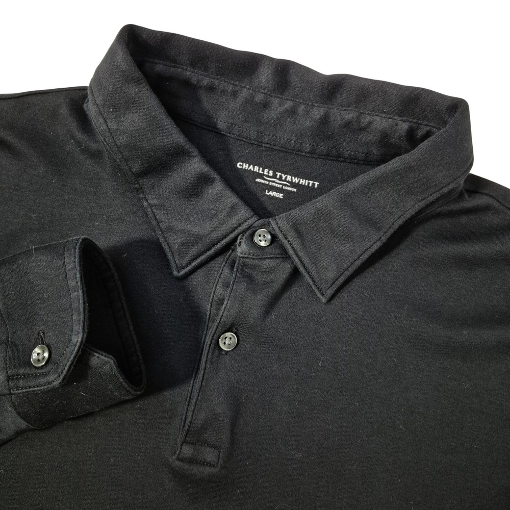 Charles Tyrwhitt Polo Shirt Large Black Minimalist Cotton Long Sleeve Classic‎